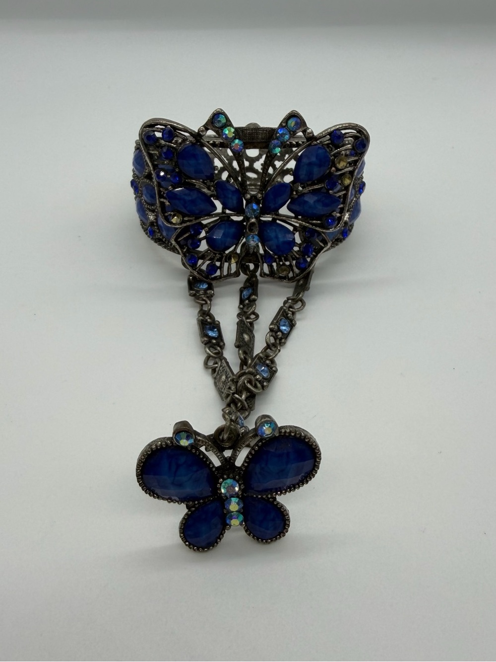 Blue Ornate Faceted Crystal Butterfly Slave Bracelet Connected Adjustable Ring 🦋